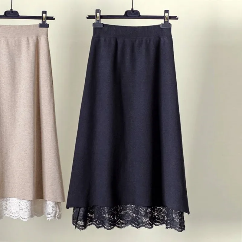 Двусторонняя одежда с высокой талией Hong Kong Ароматизированная шикарная кружевная трикотажная юбка Женская длинная секция Ретро тонкая юбка для похудения - Цвет: Черный
