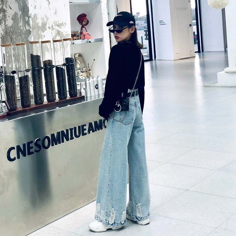 Свободные прямые мешковатые джинсовые штаны модные рваные широкие Harajuku уличная Женская высокая талия Пояс Длинные джинсы брюки комплект из двух предметов