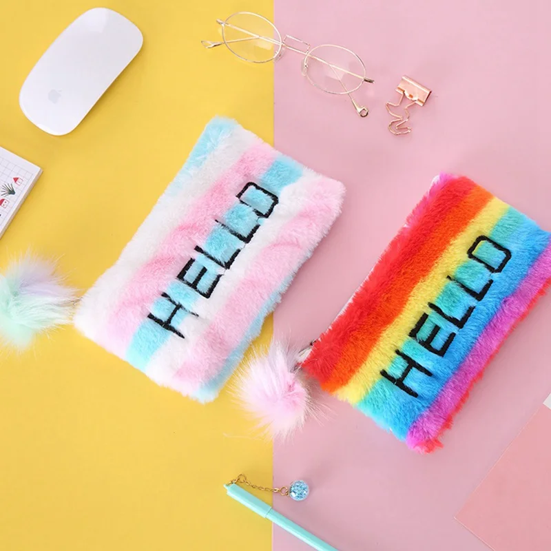 Плюшевый чехол HELLO Rainbow для карандашей, качественные школьные принадлежности, Подарочный чехол для карандашей, школьный милый пенал, Школьные Инструменты, подарки