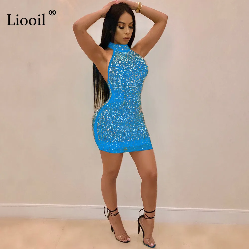 Light Blue Liooil плюс размер горный хрусталь сексуальная сетка Холтер Bodycon мини платье для женщин без рукавов с открытой спиной с высокой талией ночной клуб платья для вечеринок - Цвет: Light Blue