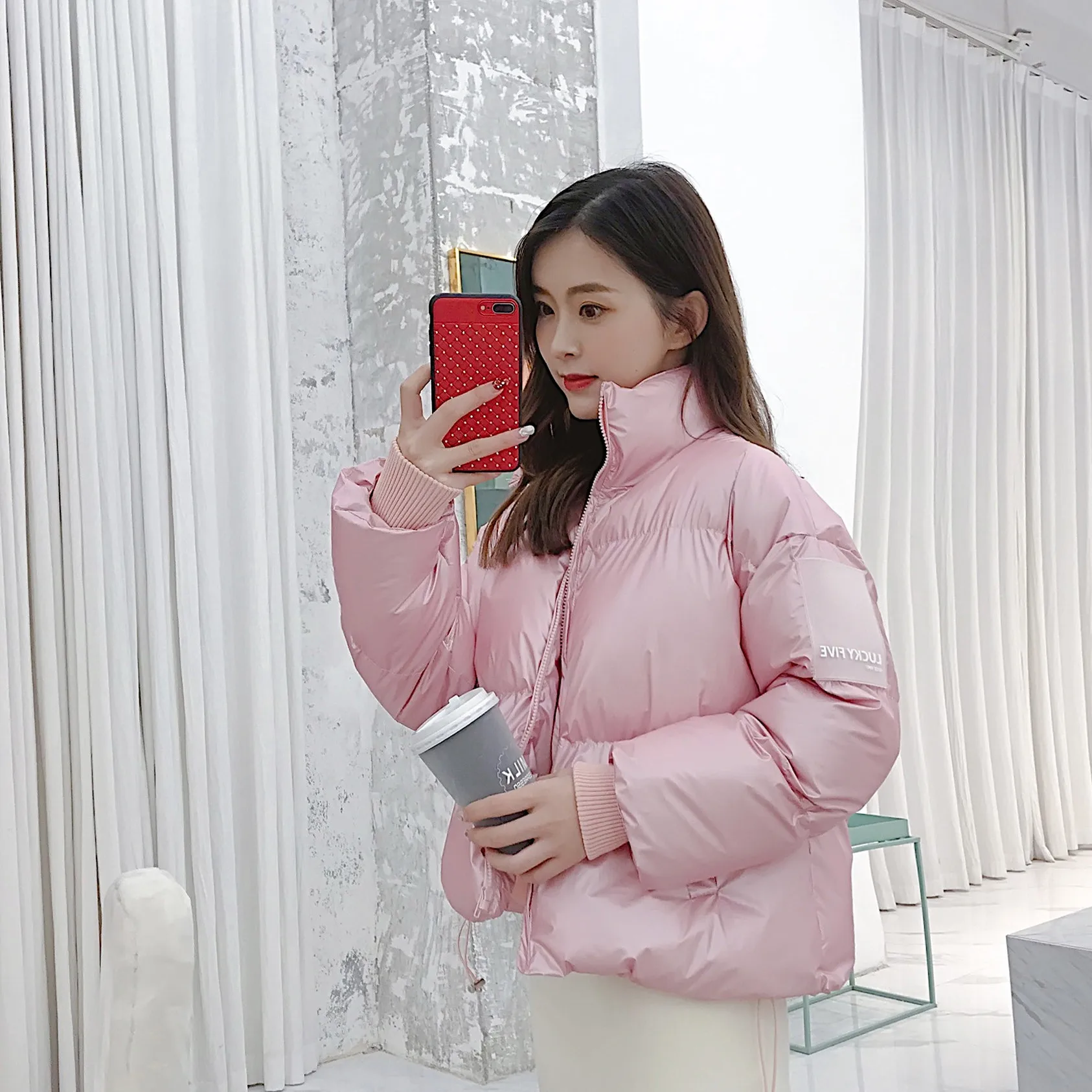 

Online Celebrity Style Short Pink down Jacket Cotton-padded Clothes Female Winter Thick Warm Bread Cotton Coat Women's One-Piece
