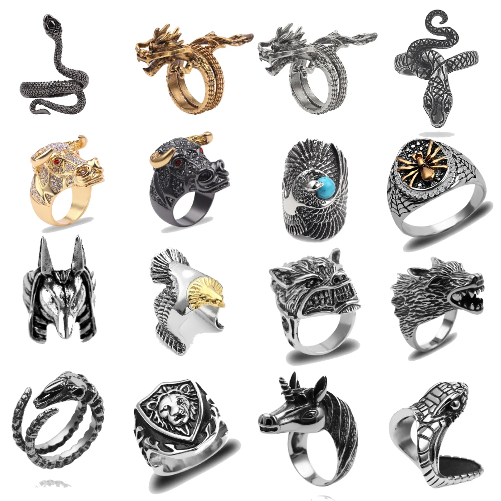 Retro Gothic Punk Men Rings Snake Cattle Wolf Dog Eagle Lion Trendy Dragon Male Jewelry Halloween Accessories | Украшения и