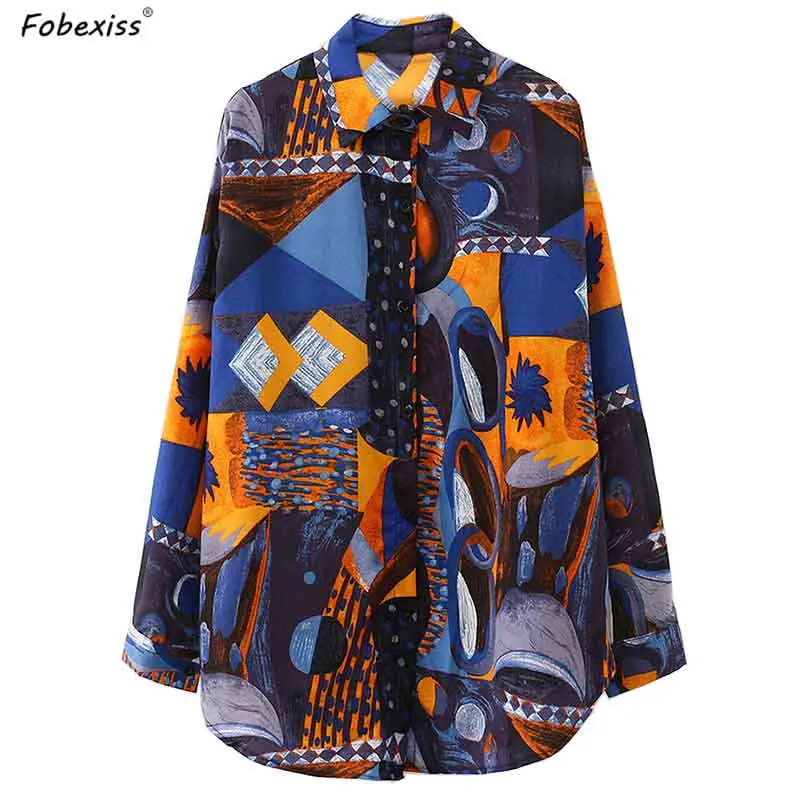 

Geometric Print Women Chiffon Blouses High Street Multicolor Loose Shirts Designer Women Tops 2020 Spring Fashion Women Blouses