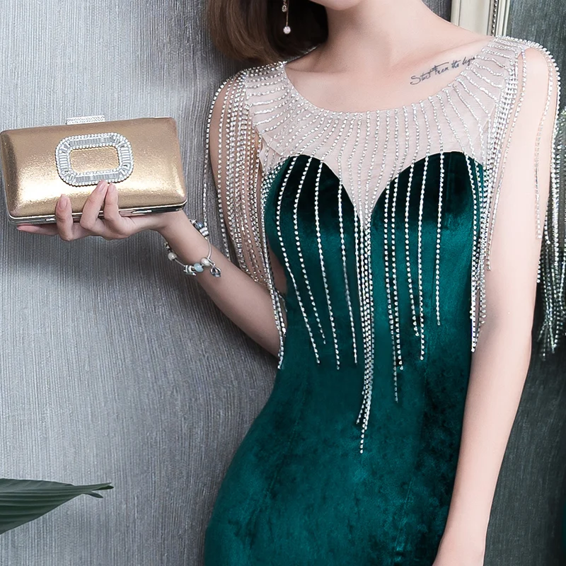 Robe De Soiree зеленый бархат Русалка Элегантное Вечернее Платье vestido de festa выпускное платье вечерние платья, украшенные бисером длинное платье