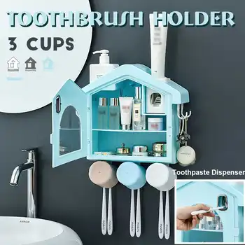 

1 set Dust-Proof Automatic Toothpaste Dispenser Toothbrush Holder with 3Cups Wall Mounted Bathroom Storage Shelf Rack