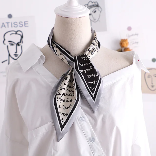 Sweet Love Print Women Small Silk Scarf Handle Bag Ribbons Female Head Scarves Sharp angle Green 90*10cm 44