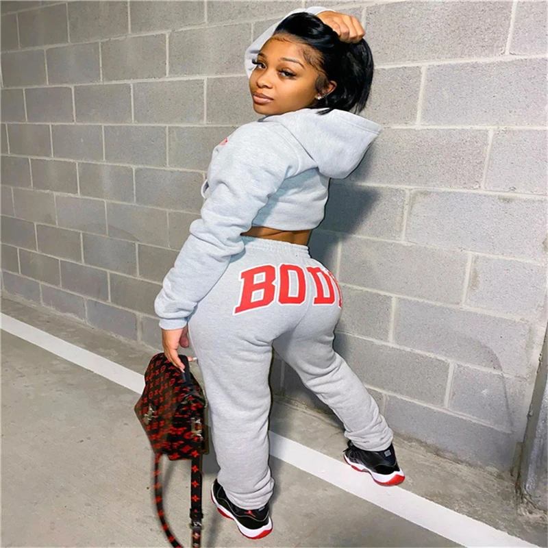 Women Autumn Spring New Sweatsuit BODY Letter Print Long Sleeve Hoodies + Elastic Waist Pants 2pcs/set Warm Tracksuit 2020 sweat suits women