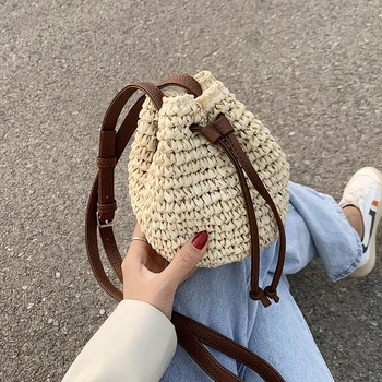 

New Fashion Straw Bag Women Handmade Bucket Bag Handbags Shoulder Crossbody Bag Summer Holiday Beach Bag Casual Clutch Purses