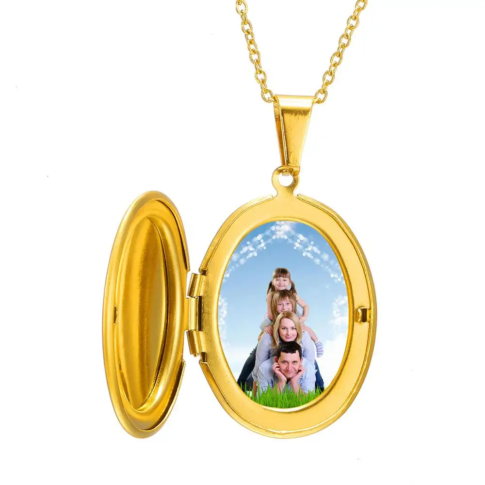 AMORUI Photo Locket Personalized Custom Name Pendant Necklace Oval/Heart/Round Shaped Stainless Steel Family Necklace 4 Colors