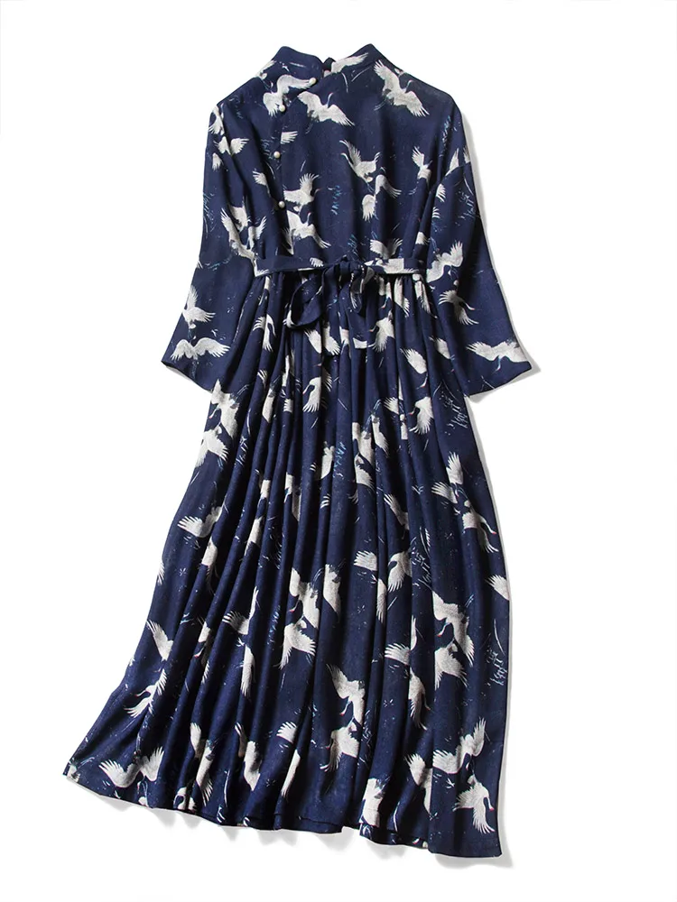 

Birds Chinese Style Women Dress 2020 Blend 3/4 Sleeve Animal A-Line Sashes Ankle-Length New Year's Dresses for Women