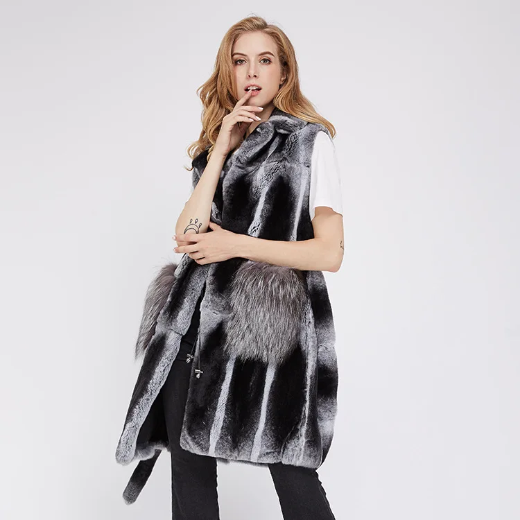 autumn winters fashion new long Fur pocket the whole leather rex rabbit Fur fox fur waistcoat