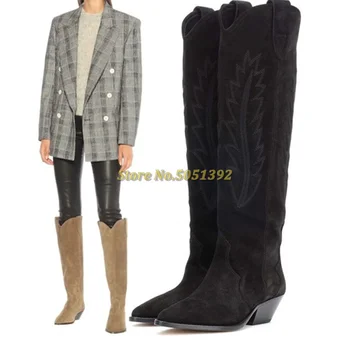 

Medium Heel Cow Suede Knee High Boots Sexy Pointed Toe Slip On Embroidered Luxury Designer Casual Dress Women Winter Boots
