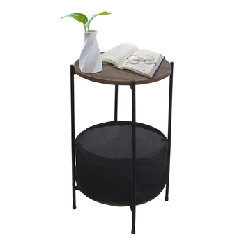 

HODELY Wood Color Round Table Top Two Layers With Artificial Leather PVC Waterproof Cloth Newspaper Bag Wrought Iron Side Table