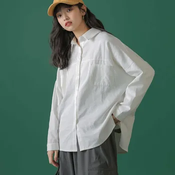 

loose Tide Plus Size Slim White Blouse Women Clothes 2020 Spring New Fashion Turn Down Collar Match All Top Casual Q0025