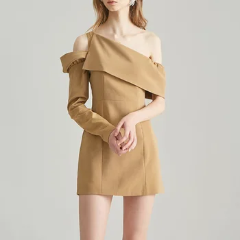 

Australia Stripes Irregular Slanted Shoulder Long Sleeve Women's Wear Dress
