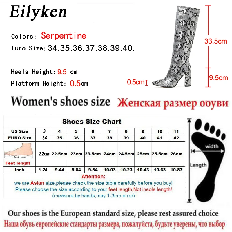 Eilyken; коллекция года; зимние сапоги до колена; пикантные сапоги из змеиной кожи; женские сапоги на высоком квадратном каблуке с острым носком на молнии
