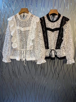 

2020 Early Autumn New Women's round Neck Water Soluble Lace Embroidery Stitching Ruffles Decorative Long-Sleeved Shirt 817