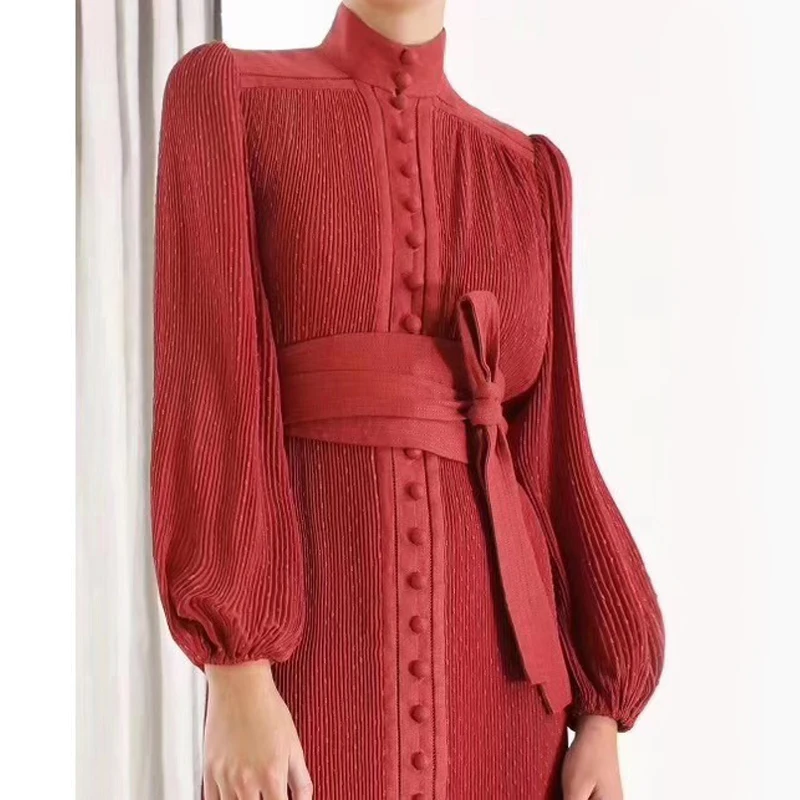 Осень Новое поступление длинный рукав Миди плиссированное платье с поясом высокое качество - Цвет: Красный