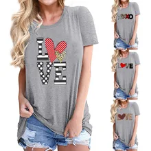 

2022 Summer Women's New Valentine's Day Theme Love Print Letter Leopard Series Leisure Loose Round Neck T-shirt Lady Tops