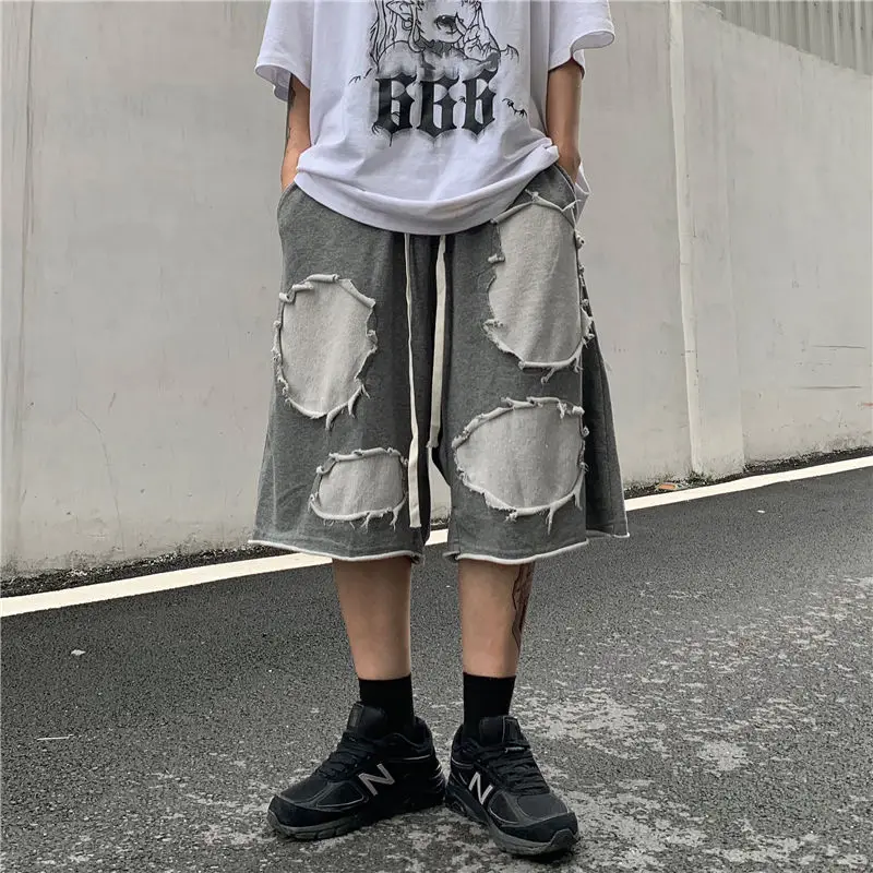 

2020 Summer New Youth Popular Loose Dark High Street Stitching Broken Five-point Pants Fashion Casual Shorts Gray M-XL