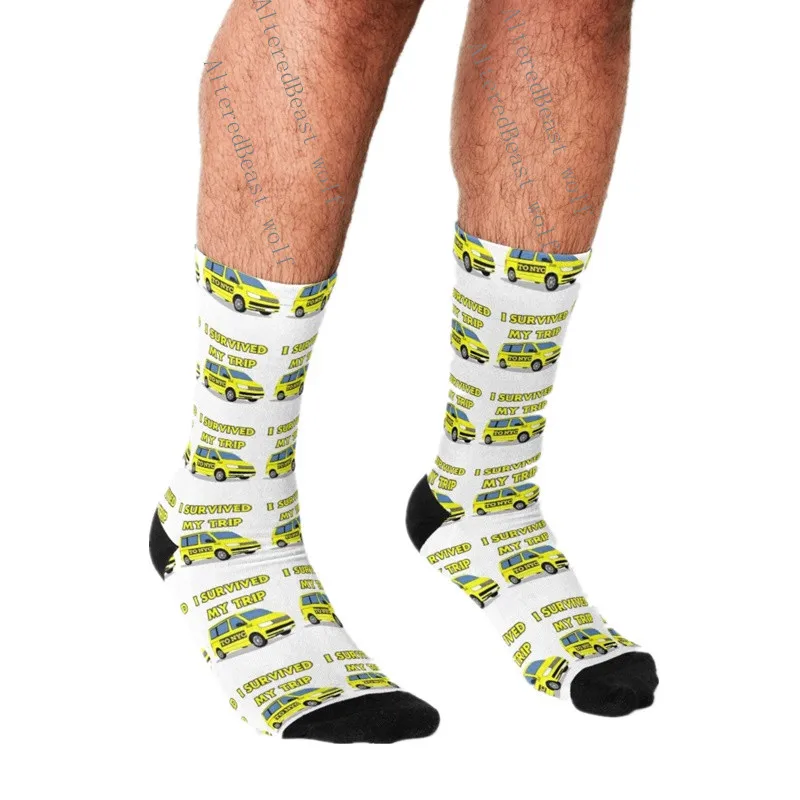 Fashion Funny Mens Socks Hip Hop Harajuku Kawaii Cartoon I Survived My Trip to NYC Happy Novelty Casual Socks Gifts for Men