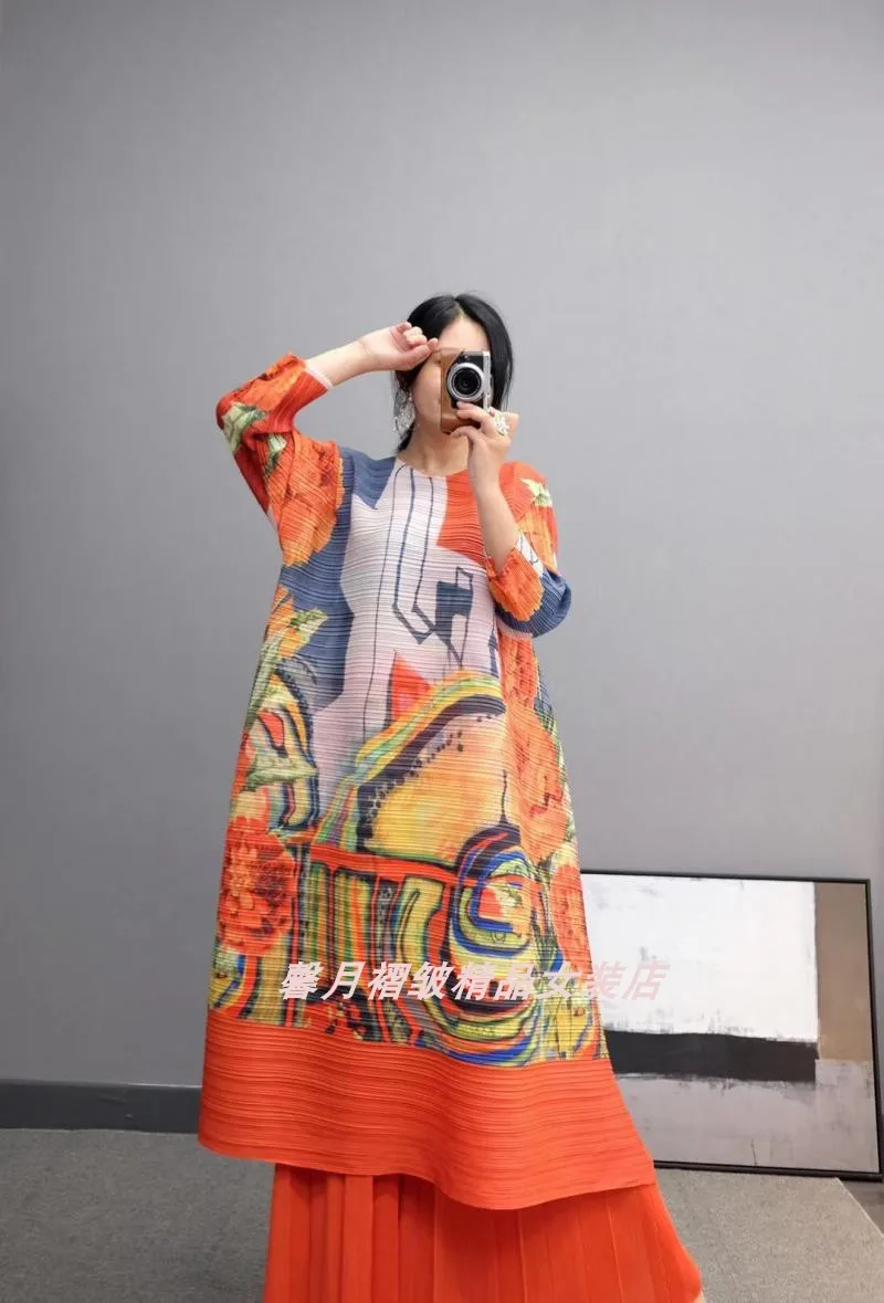 Горячая Miyake fold три четверти печати длинное платье+ Твердые широкие брюки костюм