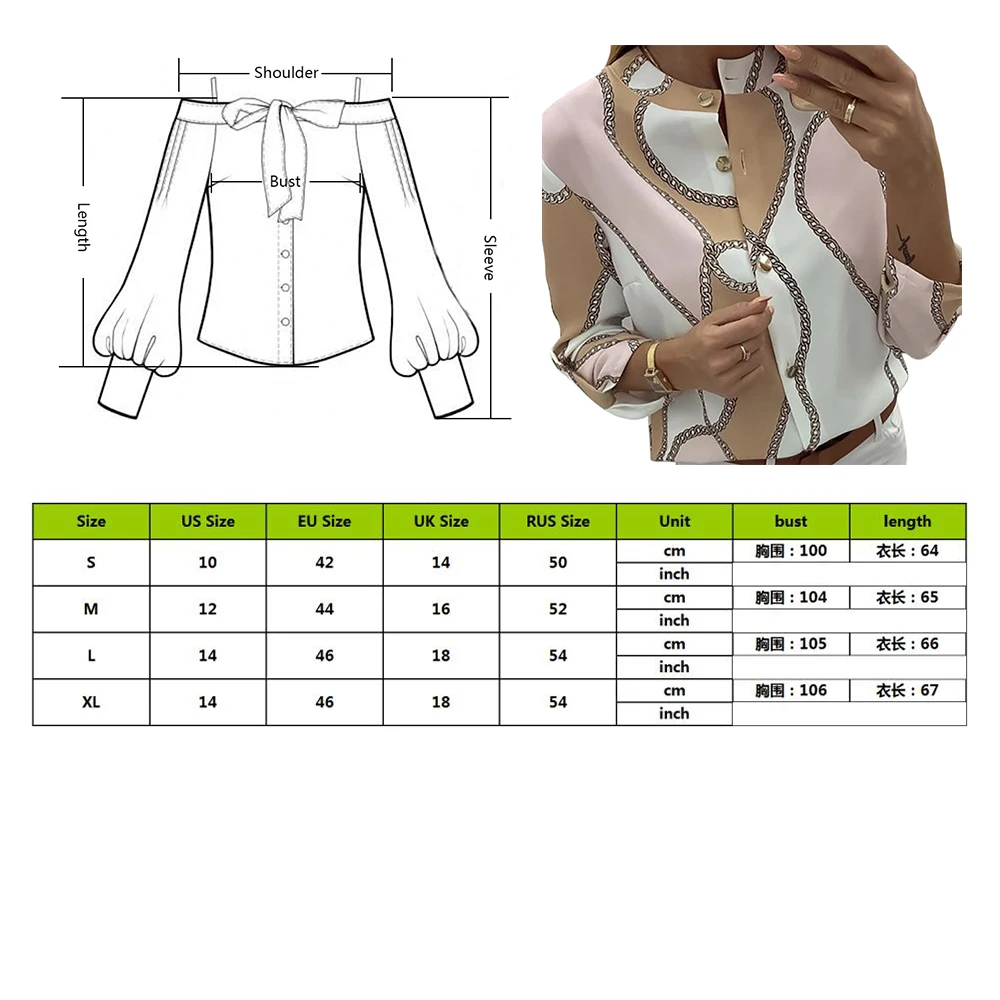 Осенняя женская элегантная блузка, повседневный Топ, Женская Базовая рубашка с круглым вырезом и регулируемым рукавом, блузы с принтом цепей на пуговицах, новинка