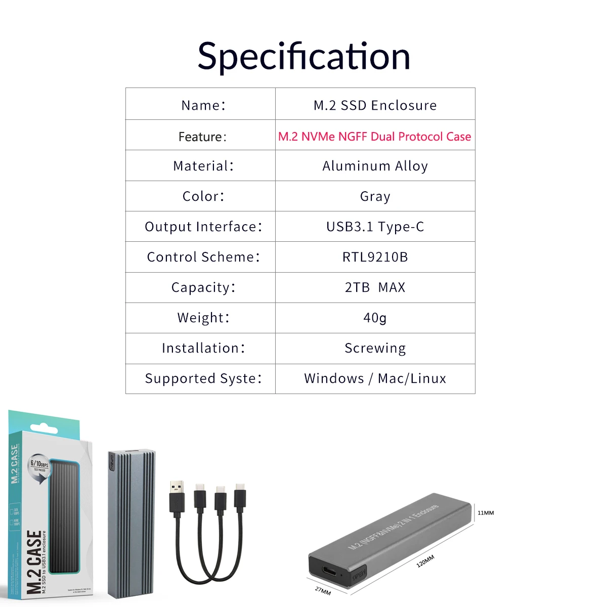 hard drive disk enclosure USB 3.1 to M.2 NVME PCIe SSD Enclosure, NVME M-Key to Type C Adapter Case For nvme SSD, USB3.1 to M.2 NGFF SATA SSD case box 2.5 hdd enclosure