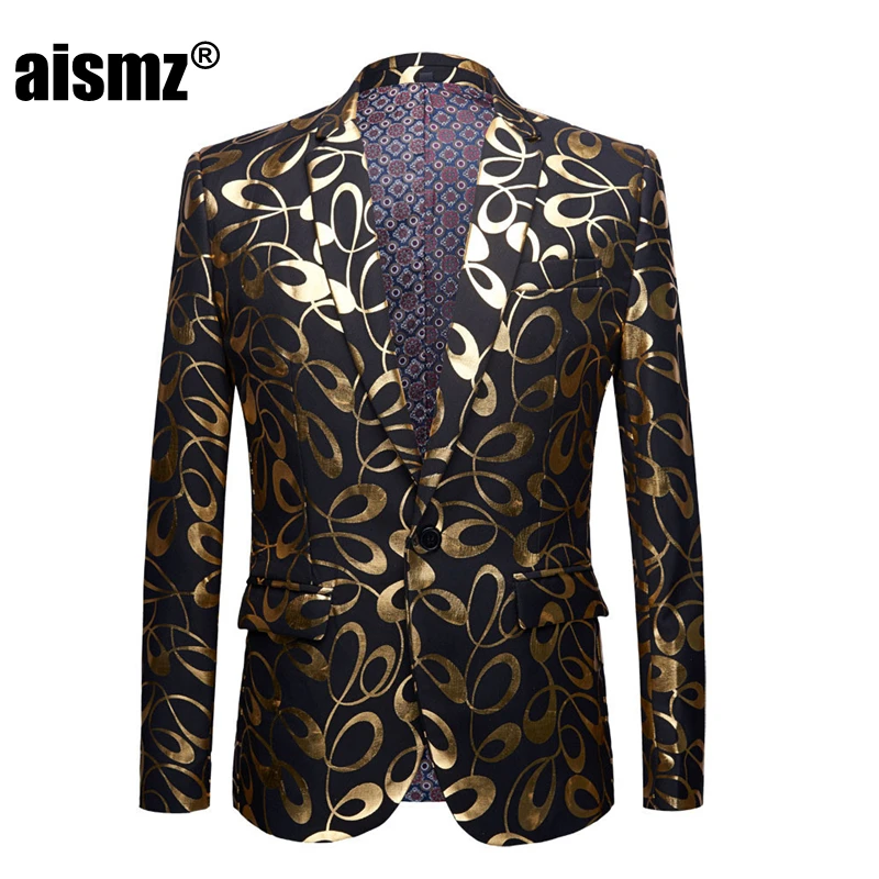 Aismz Tide Мужской DJ клубный золотой цветочный узор Блейзер размера плюс 5XL Модный повседневный костюм для вечеринки для певицы приталенный мужской пиджак - Color: 3-1