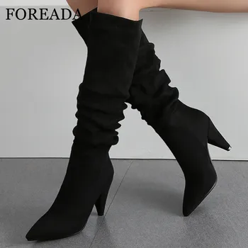 

FOREADA Extreme High Heel Woman Boots Pointed Toe Knee High Boots Spike Heel Long Boots Pleated Female Shoes Winter Black 34-43