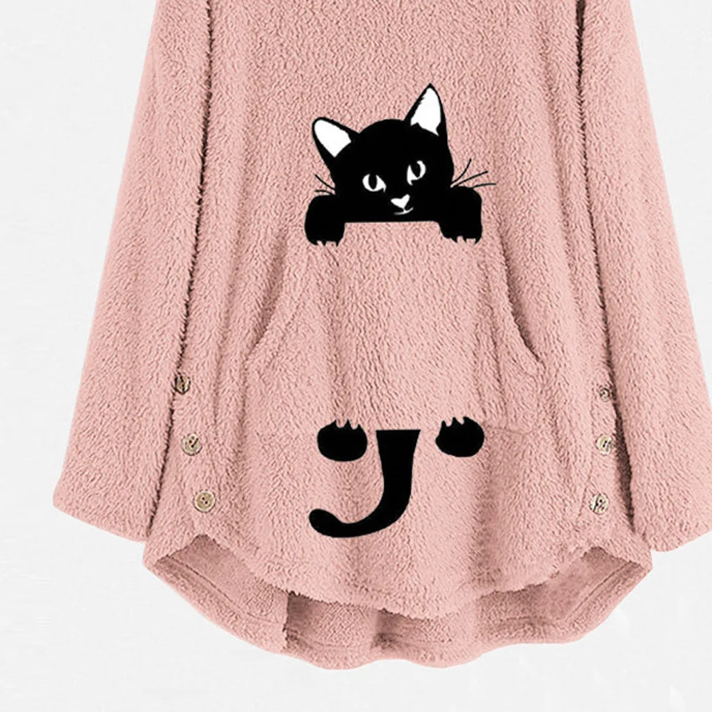 Новинка Осень-зима, большие размеры, Женское пальто с вышитым котом,, зимняя однотонная теплая Женская куртка с капюшоном, Женский пуловер, блузка#907