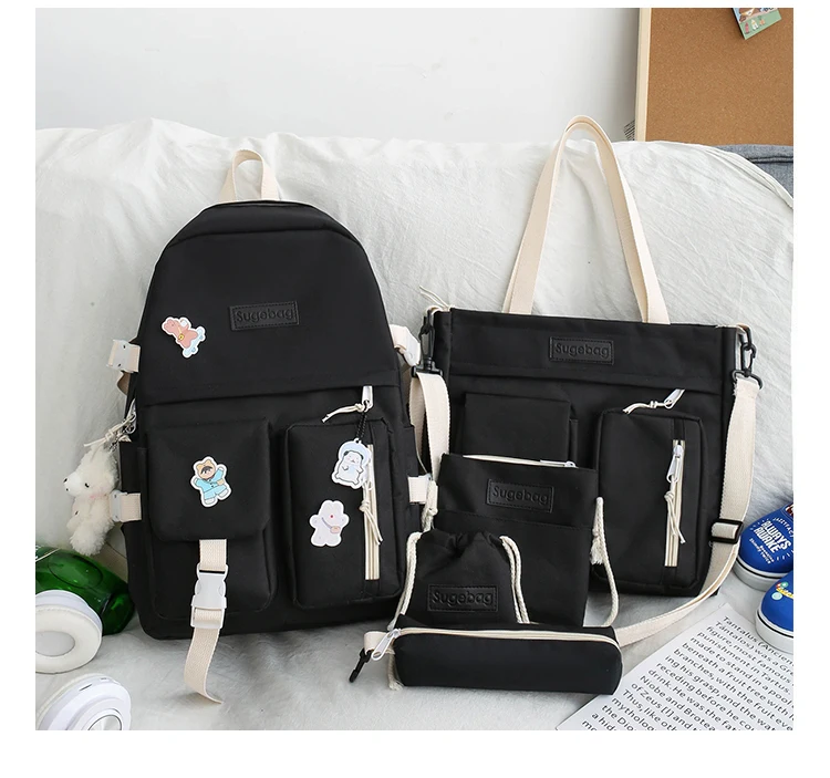 NEW 5 Piece Set backpacks fashion canvas kawaii female Korean Shoulder bag Casual College Students backpack School bag for girl