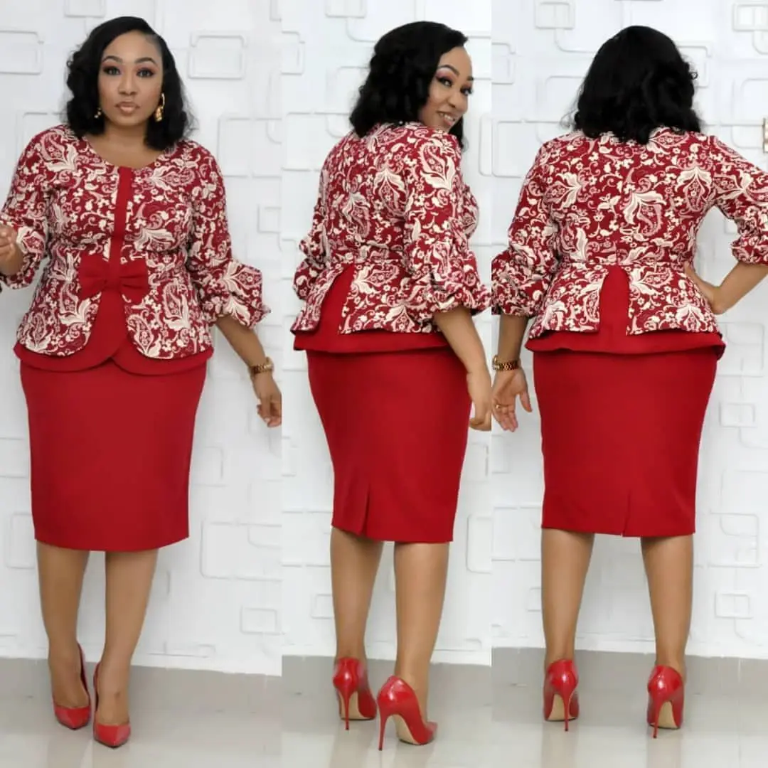 

2019 autumn elegent fashion style african women polyester plus size knee-length two pieces sets top and skirts XL-4XL