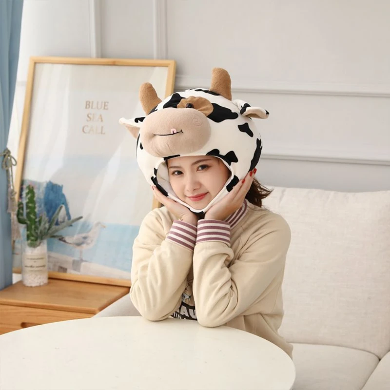 Funny Milk Cow Head Plush Hat Pillow Spot Print Cartoon Animal Stuffed Toy Headgear Cap Cosplay Party Photo Props 3