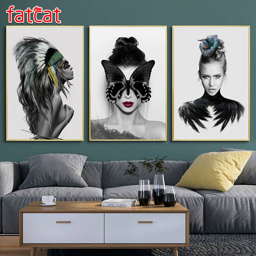 Картина из страз FATCAT с изображением бабочки и девушки 5D Триптих перо женщина
