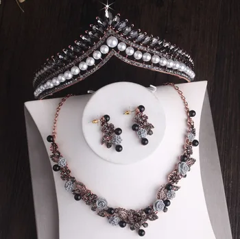 

Baroque Retro Black Crystal Pearl Flowers Bridal Jewelry Sets Rhinestone Crown Tiara Necklace Earrings African Beads Jewelry Set