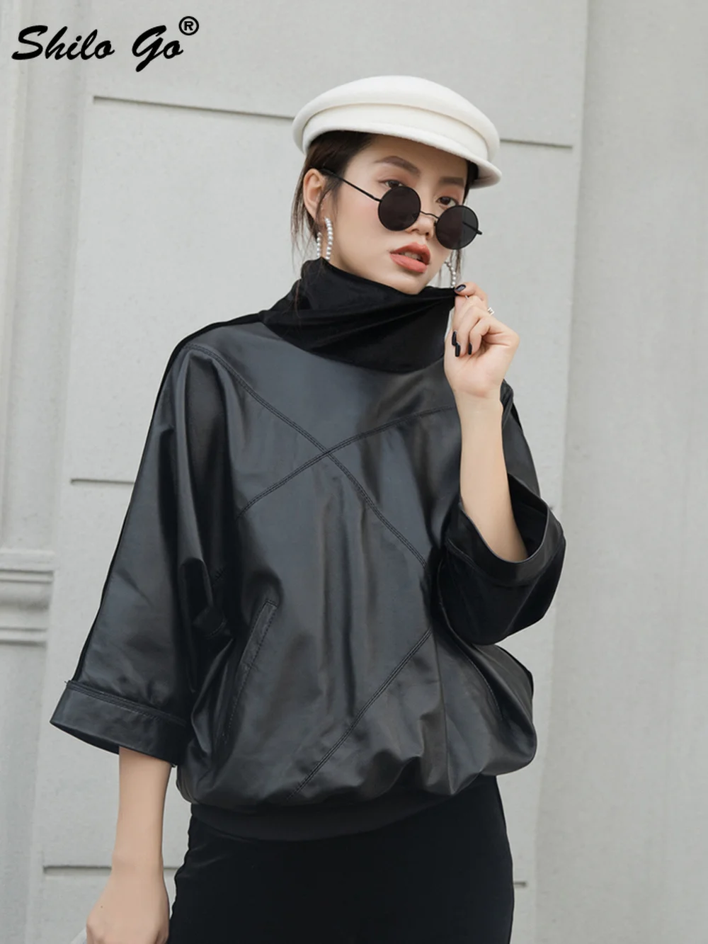 Genuine Leather Sweatshirts Casual Turtleneck Drop Shoulder Flare Sleeve Sheepskin Tops Women Autumn Winter Highstreet Outwear