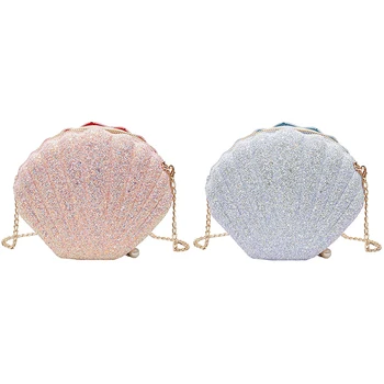 

Women Girls Little Mermaid Seashell Purse Cross-Body Shoulder Bags Glitter Sequins Chain Evening Purse, White