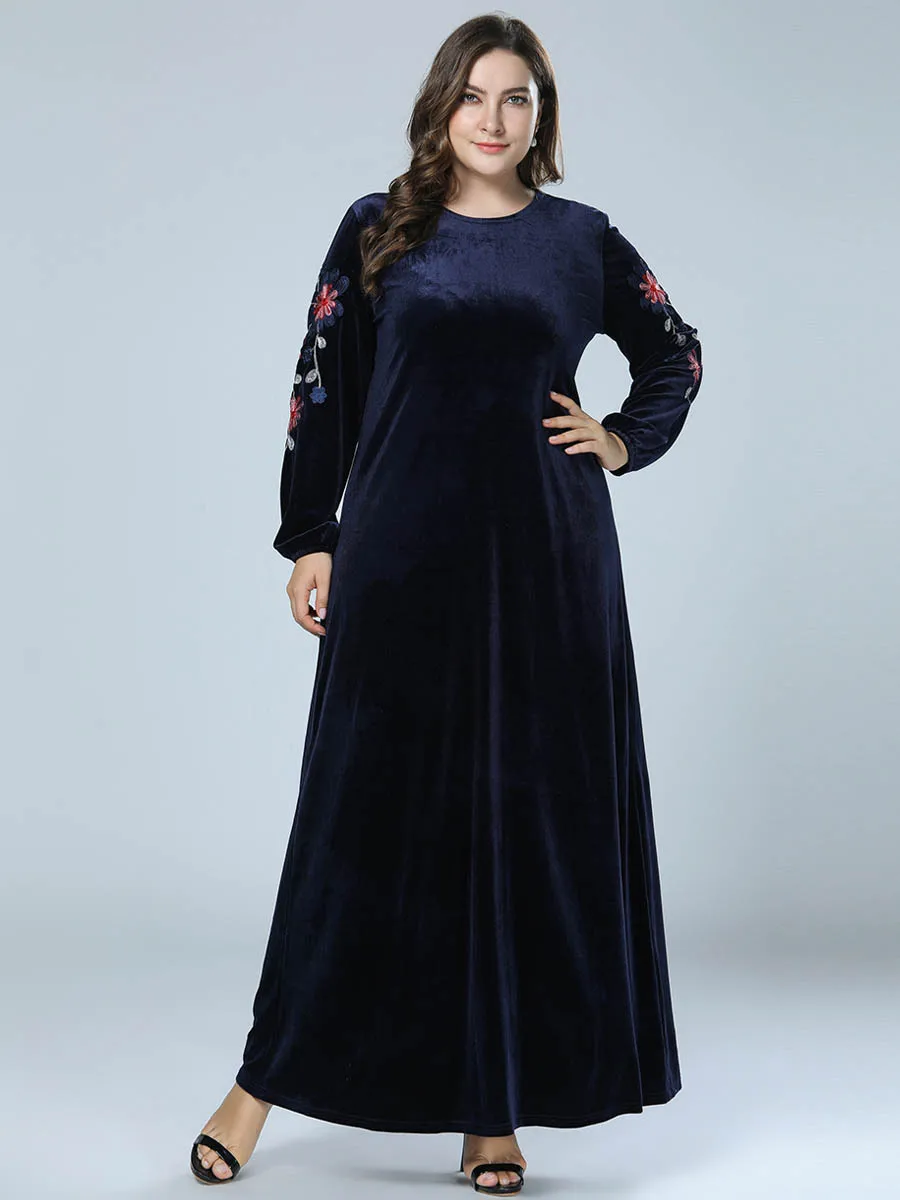 Moslim abaya Дубай, темно-синее бархатное мусульманское платье с вышивкой и длинным рукавом, кафтан, мусульманская одежда размера плюс, макси платья 4XL