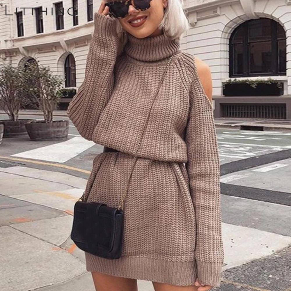 

LITTHING Autumn Winter Turtleneck Off Shoulder Knitted Sweater Dress Women Solid Slim Plus Size Long Pullovers Knitting Jumper