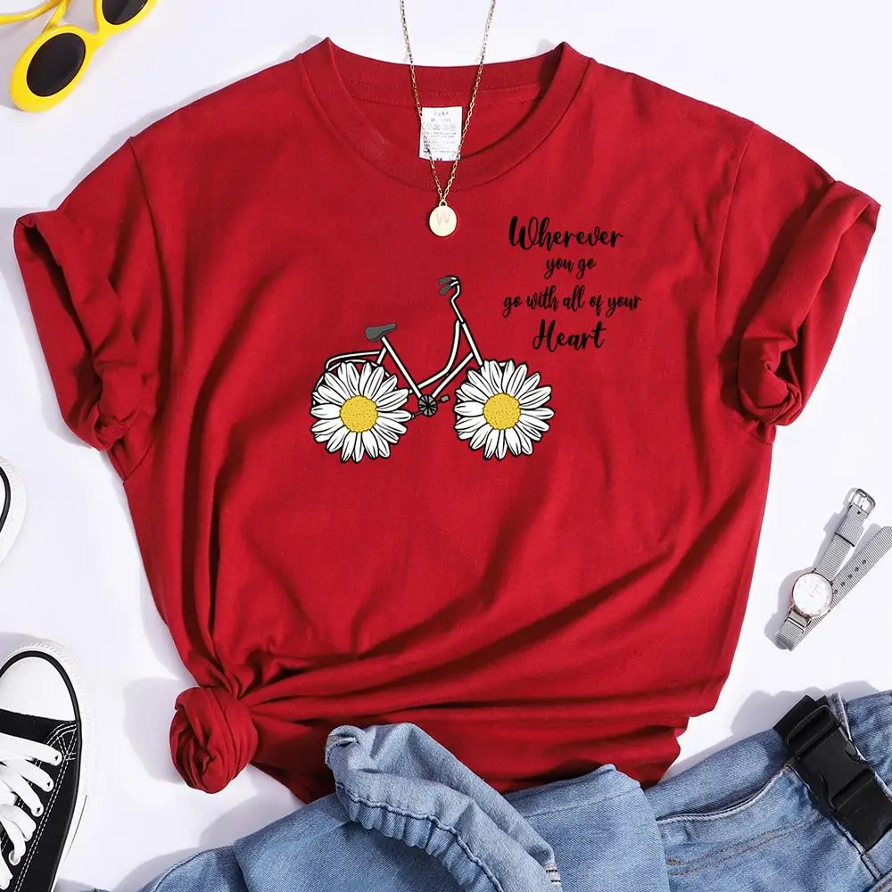 Women's Tshirt Daisy Bike Personalized Text T-Shirts Crewneck Vintage Short Sleeve Tops Korean Style Solid Color Women Tshirt
