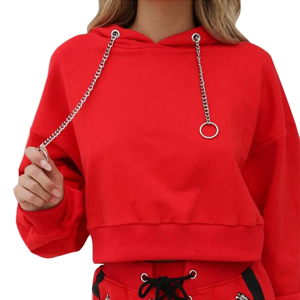 Толстовки для женщин короткий пуловер однотонный круглый вырез длинный рукав красный черный модный Уличная Повседневная Толстовка Осень# YL5 - Цвет: Красный