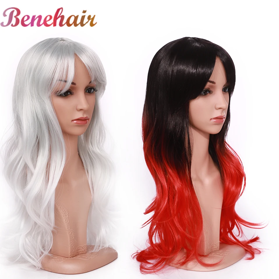 BENEHAIR Cosplay Wig With Bangs Synthetic Ombre Red Pink Purple Green Long Wavy Hair Heat Resistant Fake For Women | Шиньоны и парики