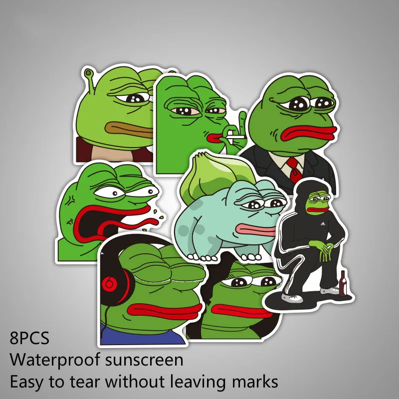 

8 Pcs Cartoon Sad Pepe Frog Anime Stickers Waterproof PVC for Kids Toys Decor Suitcase Notebook Bicycle Car Guitar Skateboard