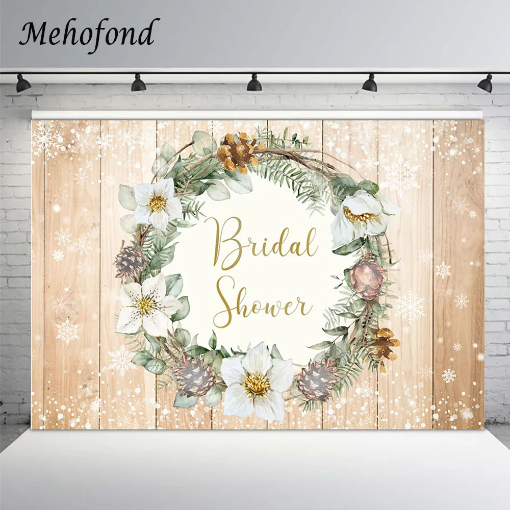 

Mehofond Flower Wreath Bridal Shower Party Backdrops Winter Snowflake Wood Board Wedding Photography Background For Photo Studio