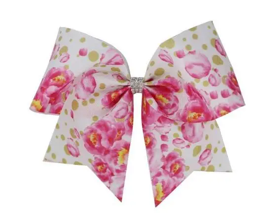 

HOT 7Inch rhinestone Hair Bows girls cheer bows Elastic Hair Bands Polyester print flowers ribbon Kids Hair Accessories