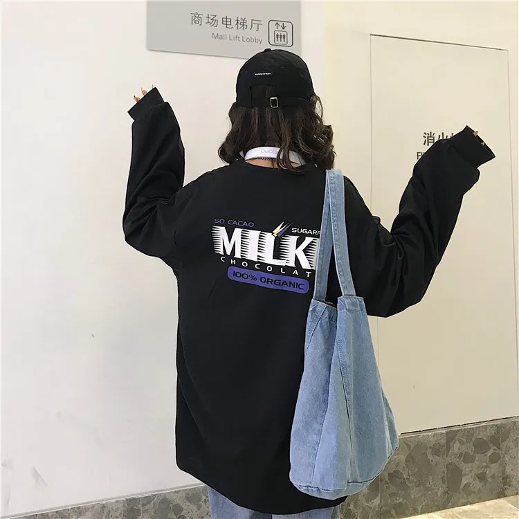 Осенние женские футболки Повседневная одежда корейский стиль Ulzzang Harajuku с буквенным принтом и длинным рукавом Футболки женские белые топы