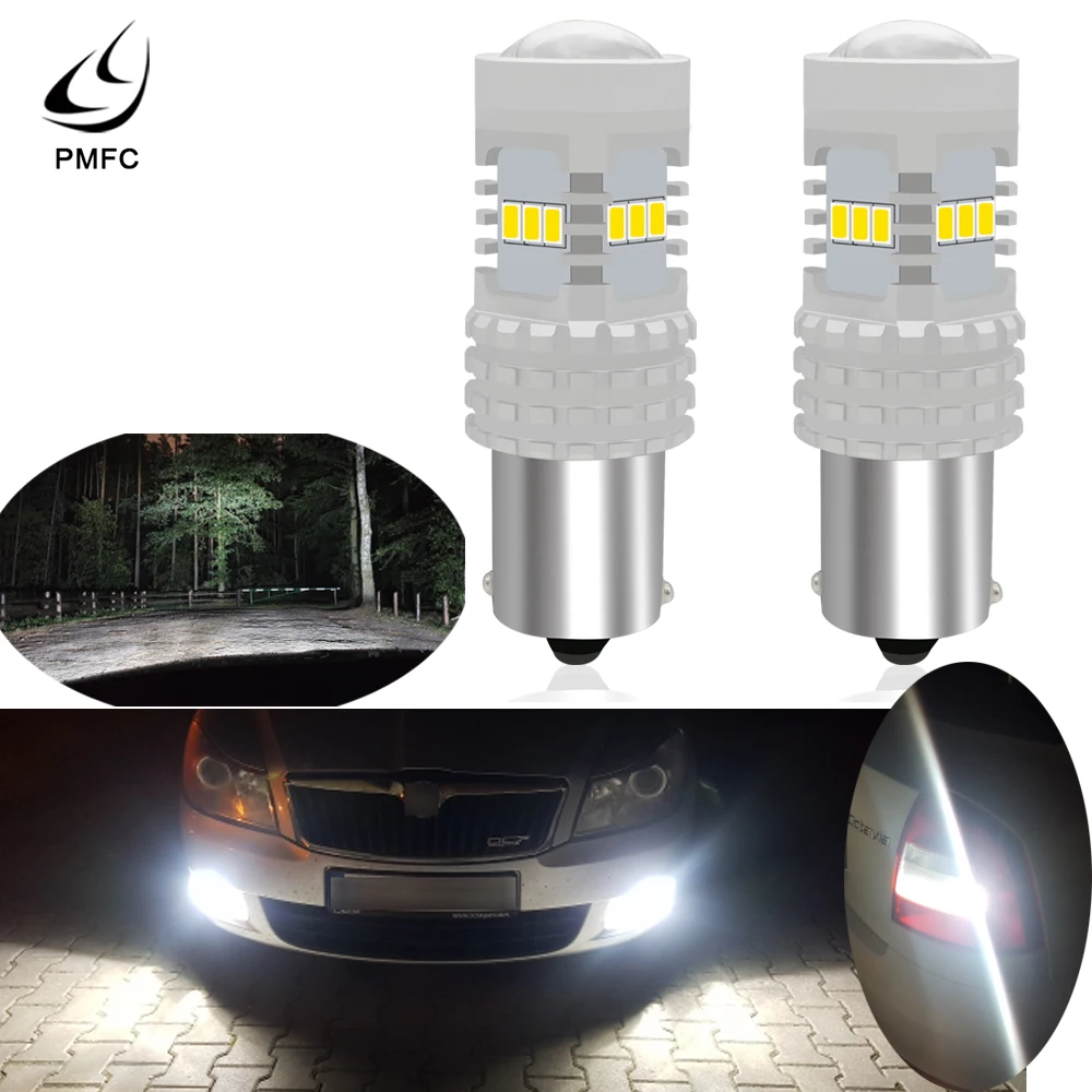 PMFC дневные ходовые огни DRL Белый Canbus без ошибок 1156 P21W светодиодный фонарь для Skoda Superb Octavia 2 FL 2010 2011 2012 2013