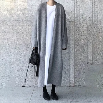 

[EWQ] 2020 Autumn Winter New Pattern V-collar Long Sleeve Solid Knitting Thick Open Stitch Casaul Long Large Size Sweater AH824