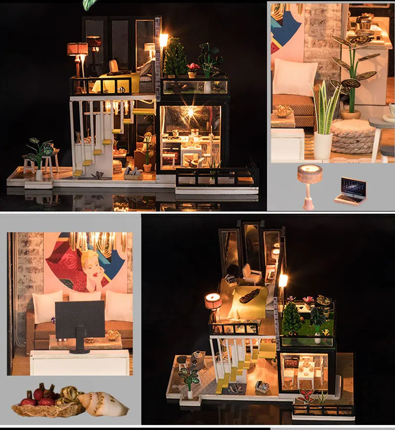 Лидер продаж DIY деревянный Miniatura кукольный домик Миниатюрный Кукольный домик с мебель комплект дома светодиодный свет Рождественские подарки на день рождения